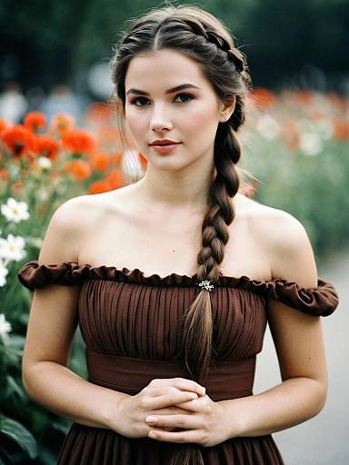 Young Woman in Brown Off-Shoulder Dress With Long Braided Hair in Flower Garden