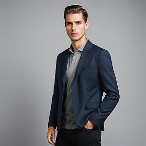 Stylish Young Man in Blazer Against Gray Background
