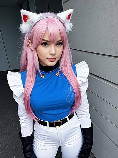 Realistic Akira Blue Archive Cosplay with Pink Hair and Cat Ears