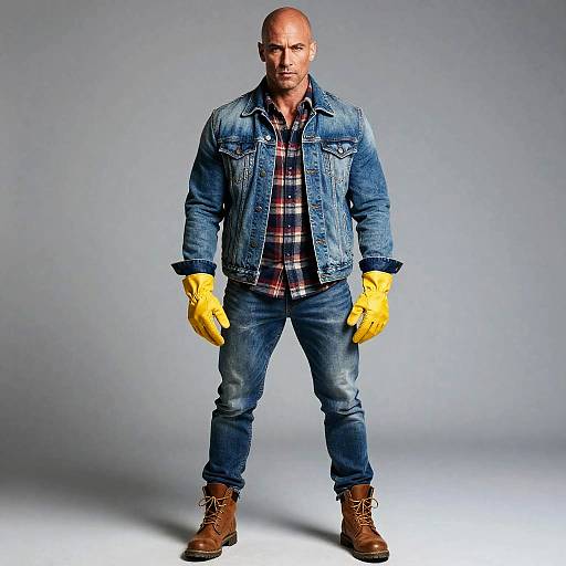 Confident Man in Denim Jacket with Yellow Gloves and Work Boots