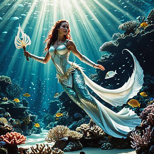 Realistic Fantasy Mermaid Queen Underwater with Trident in Coral Reef