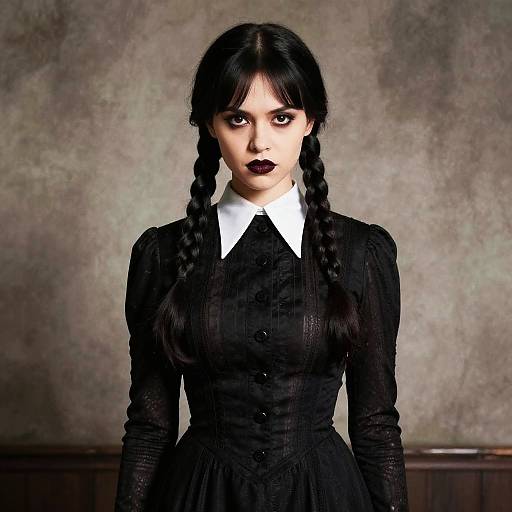 Gothic Style Woman in Black Dress with Braided Hair