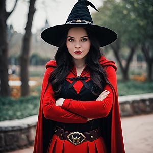 Woman in Red and Black Witch Costume with Cape