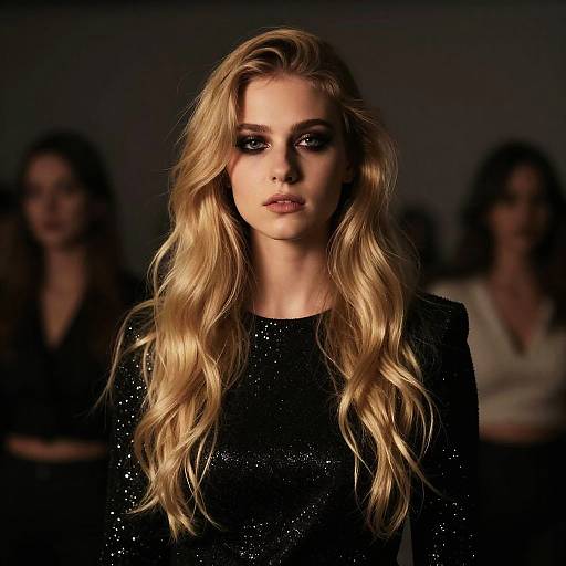 Blonde Woman in Black Glitter Dress with Smoky Eye Makeup Fashion Portrait