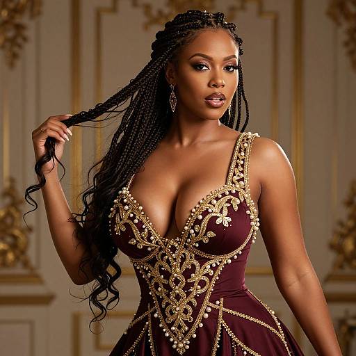 Elegant Woman in Maroon Gold Embroidered Gown with Braided Hair