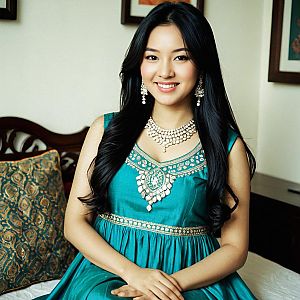 Woman in Teal Salwar Frock with Jewelry
