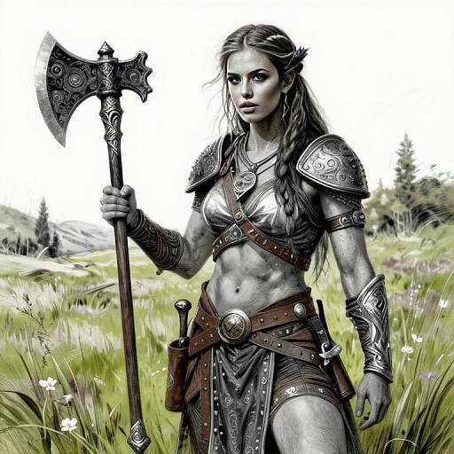 Fantasy Warrior Woman with Ornate Battle Axe in Medieval Armor