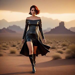 Confident Woman in Black Leather Dress at Desert Sunset