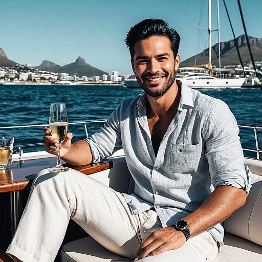 Smiling Man Enjoying Champagne on a Yacht with Scenic Coastal Mountains