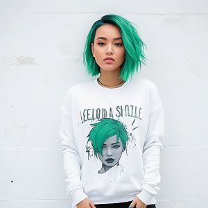 Young Woman with Green Hair in White Sweatshirt