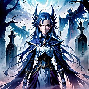 Fierce Woman in Dark Armor in Foggy Graveyard