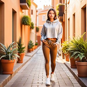 Confident Young Woman in Casual Sporty Outfit Walking in Sunlit Alley