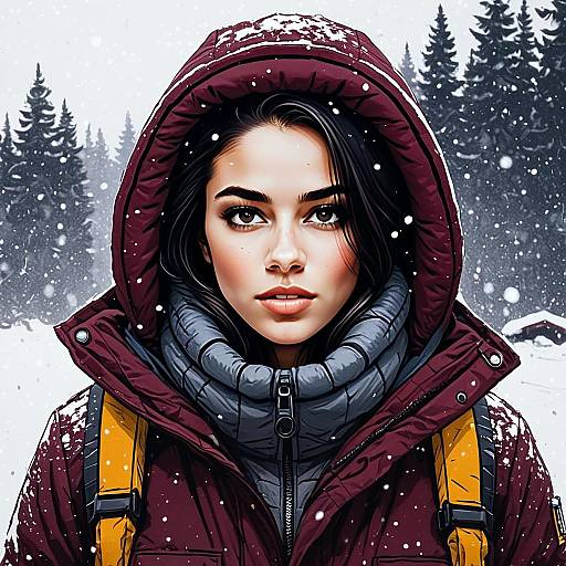 Winter Portrait of Woman in Maroon Jacket with Snowy Forest Background