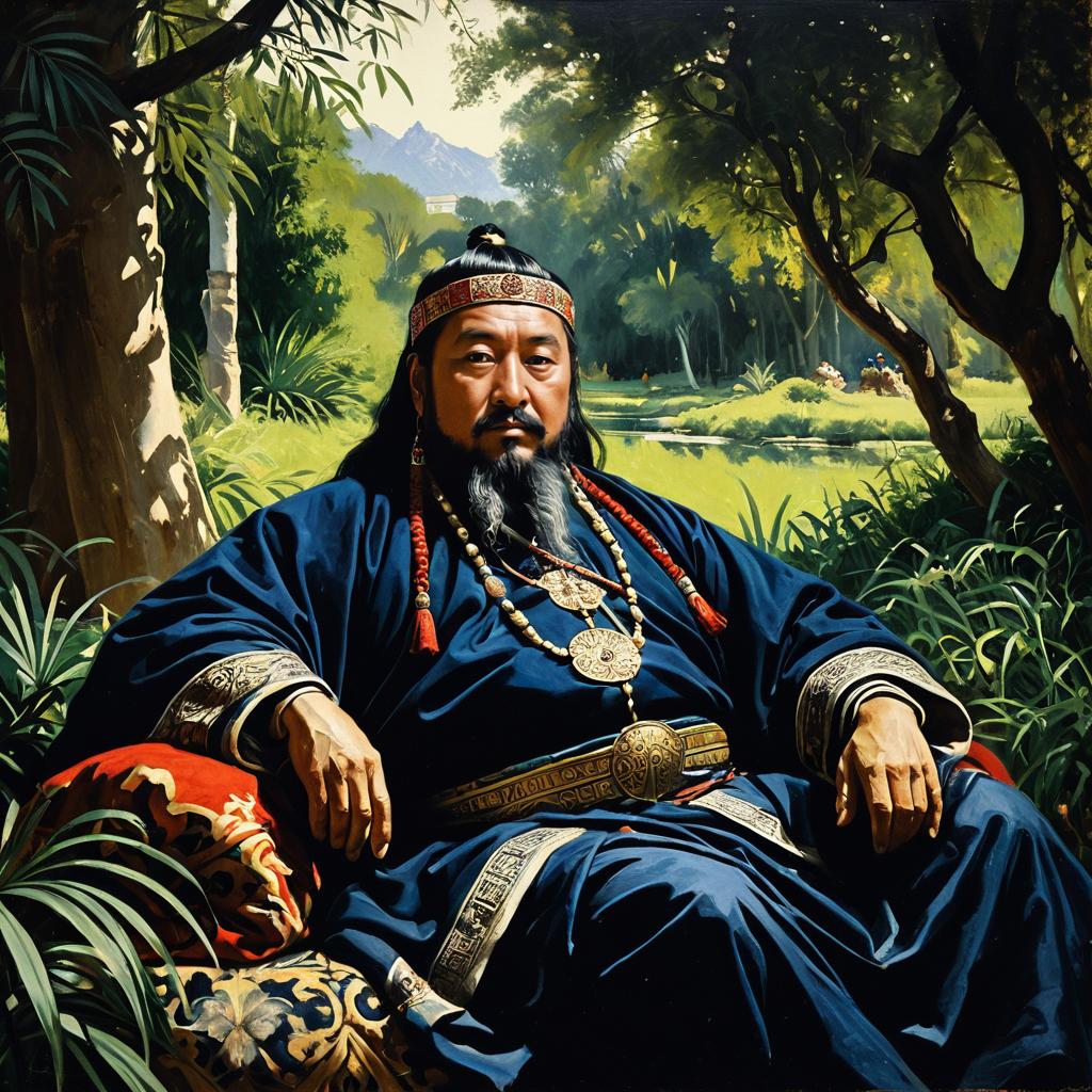 Regal Man in Traditional Royal Attire in Lush Outdoor Setting