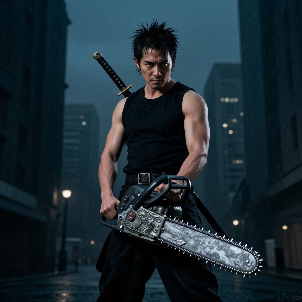 Man with Katana and Chainsaw in Dark Urban Night Setting