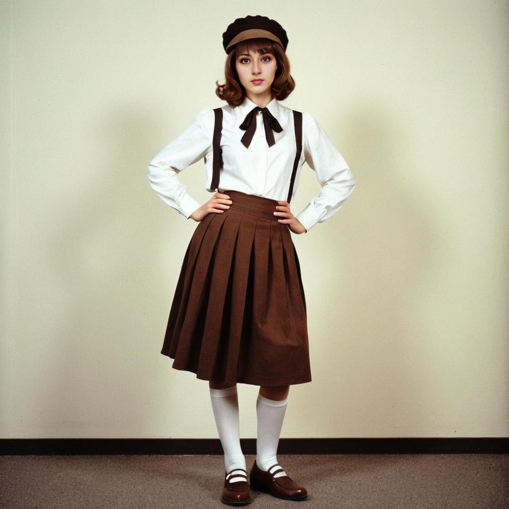 Vintage Style Woman in Brown Pleated Skirt and Beret Standing Indoors Vintage Style Woman in Brown Pleated Skirt and Beret Standing Indoors