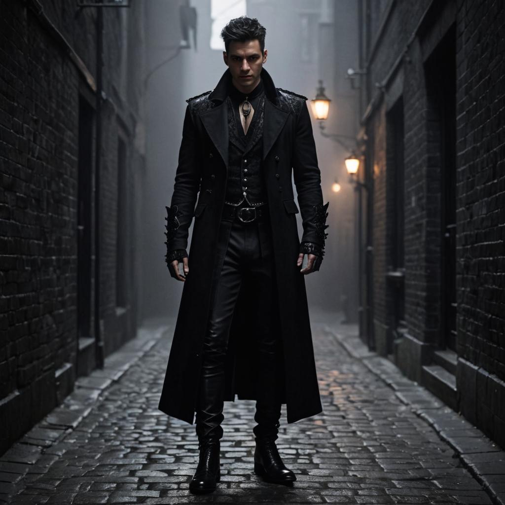 Mysterious Man in Gothic Outfit in Misty Alleyway