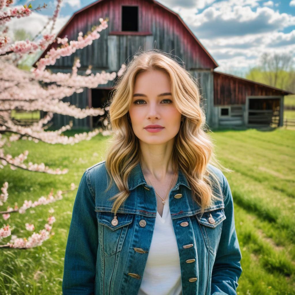 Young Woman in Denim Jacket by Rustic Barn with Cherry Blossoms
