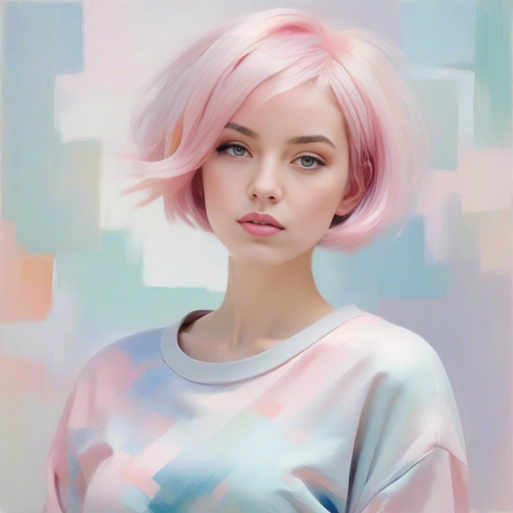 Digital Portrait of Young Woman with Pink Bob Hair Digital Portrait of Young Woman with Pink Bob Hair