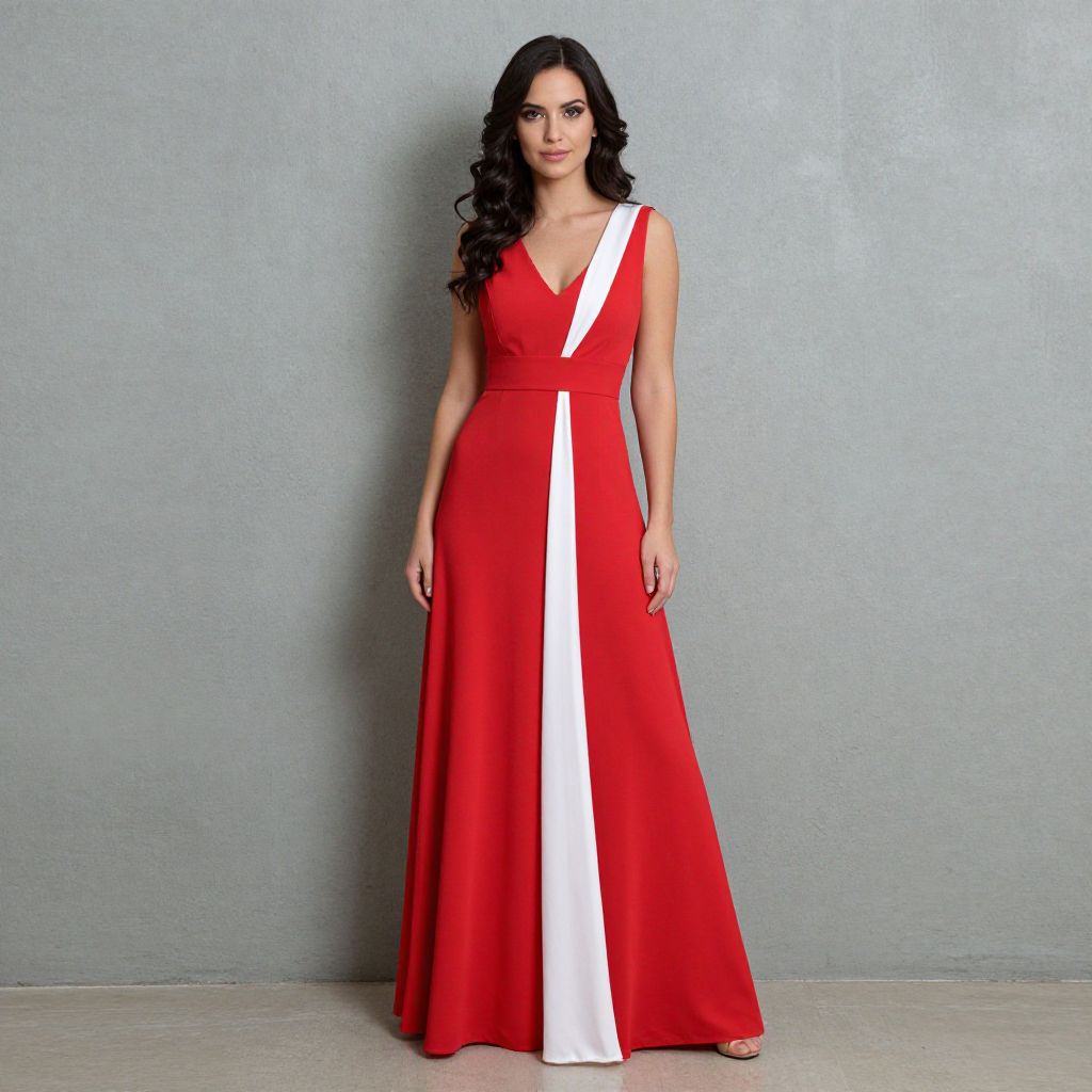 Elegant Red and White Evening Gown Worn by Woman
