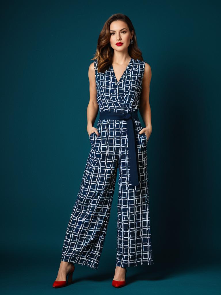 Modern Navy Blue Grid Pattern Sleeveless Jumpsuit with Belt and Red Heels