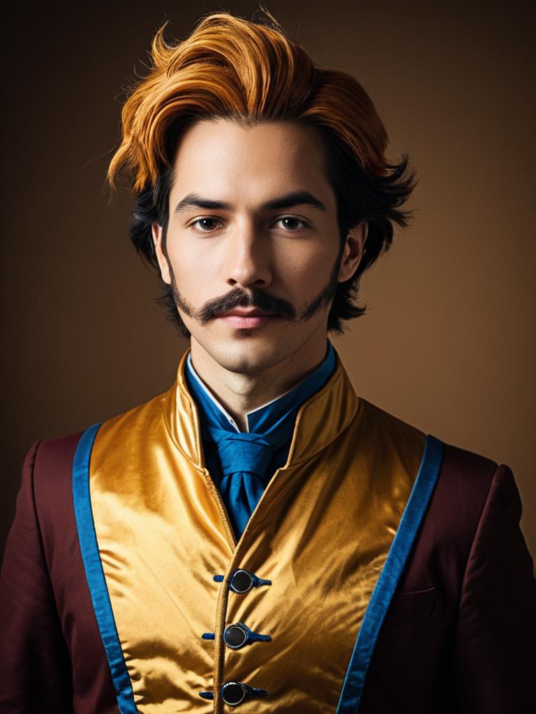 Realistic Photo of Man Cosplaying Nigel Uno with Distinctive Golden Vest and Blue Cravat