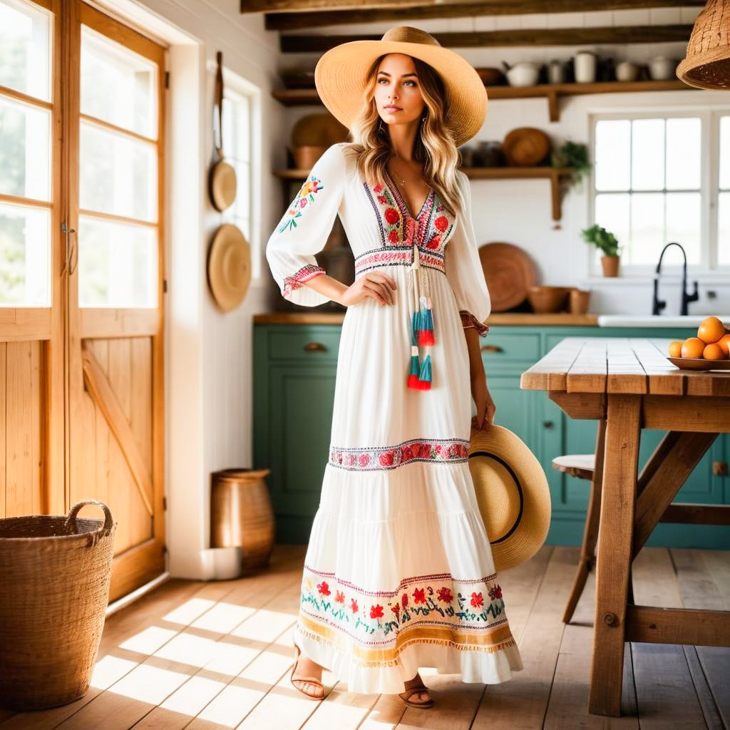 Stylish Woman in Embroidered White Dress in Sunlit Kitchen