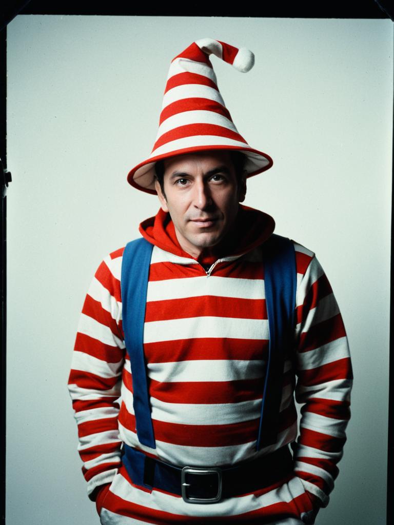 Photorealistic Studio Portrait of Man in Waldo Costume with Soft Lighting