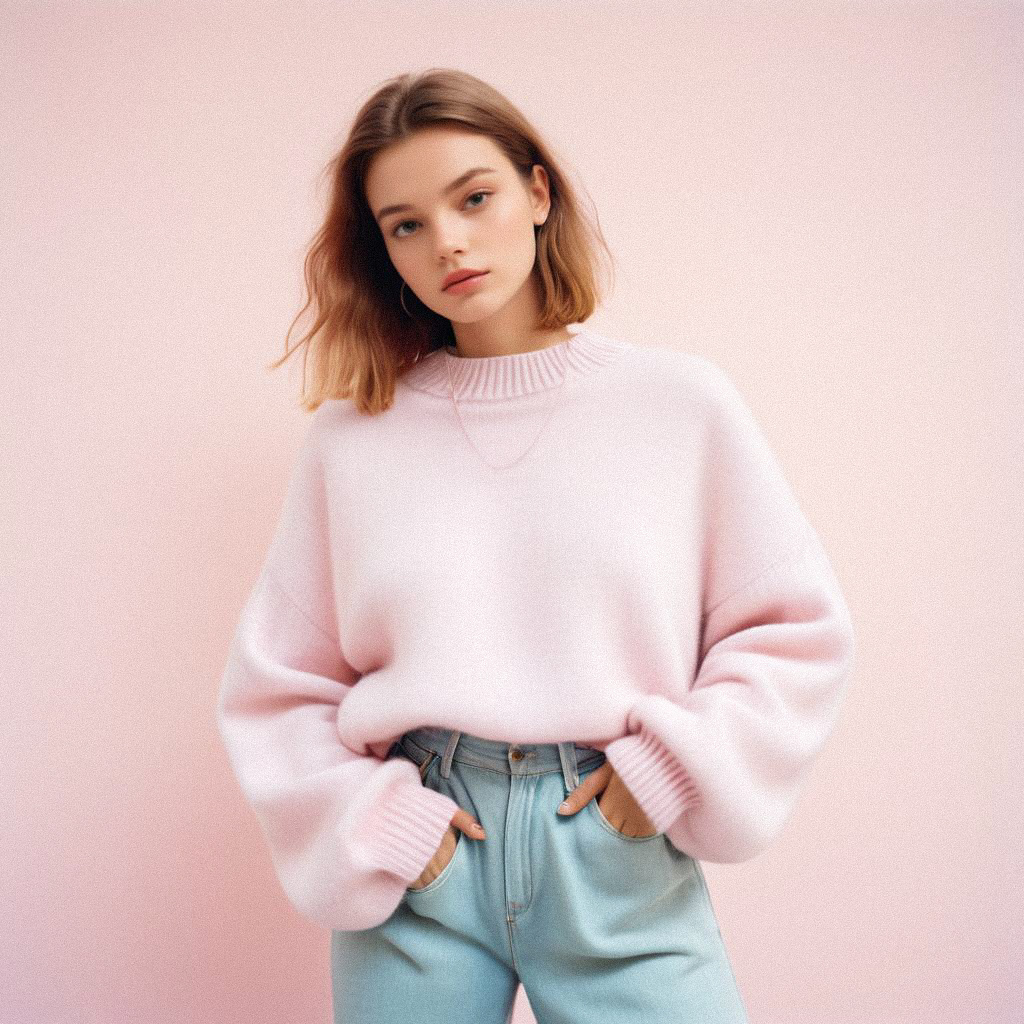 Confident Woman in Pastel Sweater