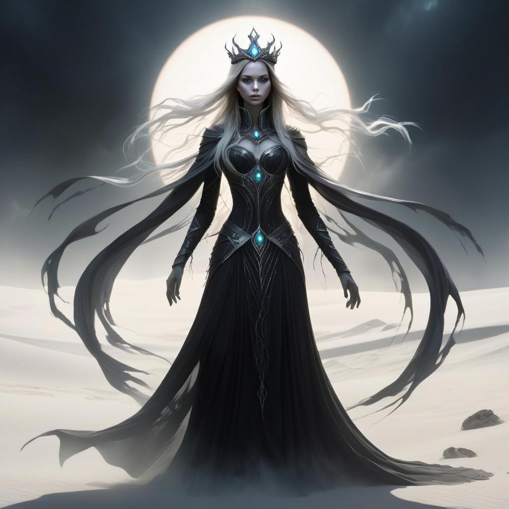 Regal Woman in Black Gown with Blue Gems in Moonlit Landscape