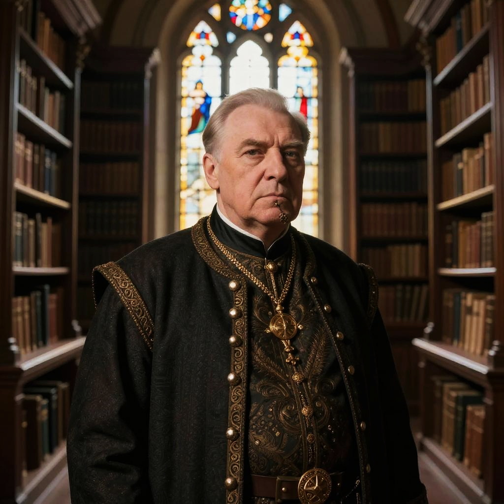 Elderly Man in Renaissance Clerical Robes in Historic Library
