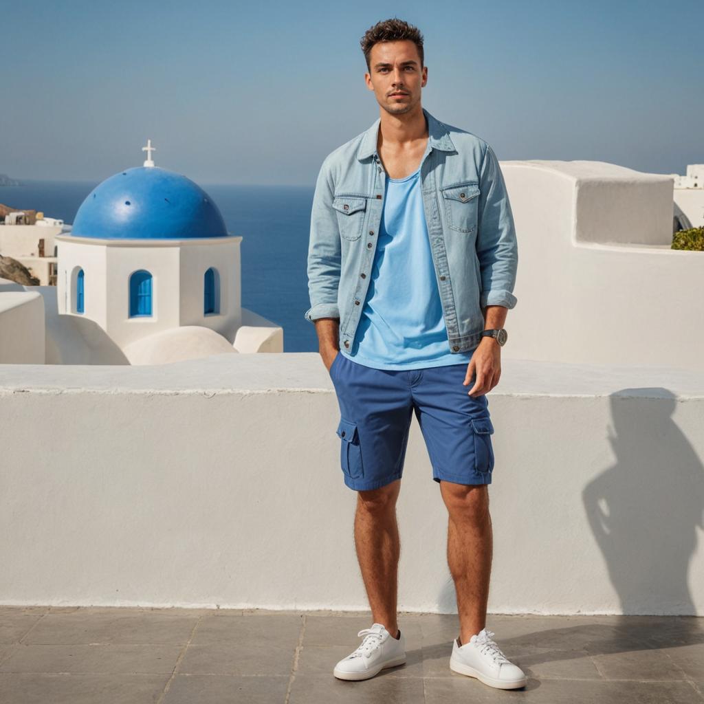 Man in Santorini with Blue Domes and Aegean Sea