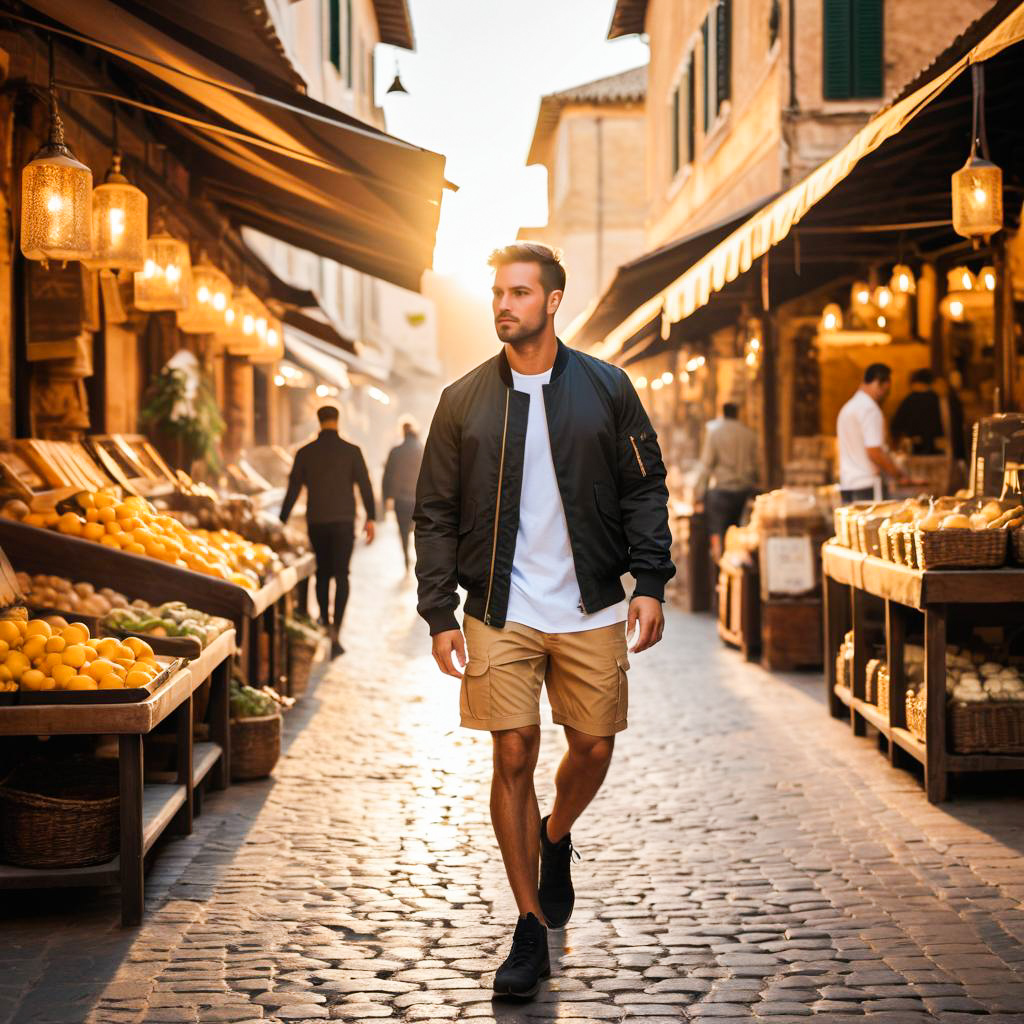 Man Strolling Through Vibrant Sunset Market