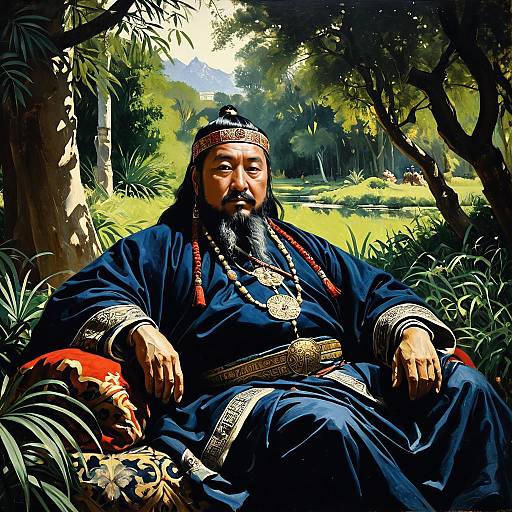 Regal Man in Traditional Royal Attire in Lush Outdoor Setting