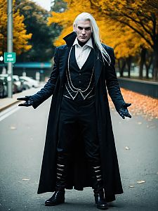 Realistic Morlun Cosplay Man in Gothic Costume with White Hair Outdoors