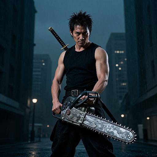 Man with Katana and Chainsaw in Dark Urban Night Setting