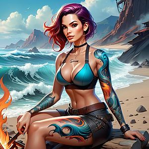 Confident Woman with Colorful Tattoos on Beach