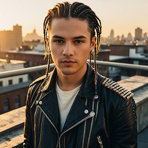 Young Man with Braided Hair on Rooftop Wearing Studded Leather Jacket