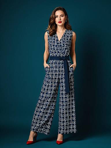 Modern Navy Blue Grid Pattern Sleeveless Jumpsuit with Belt and Red Heels