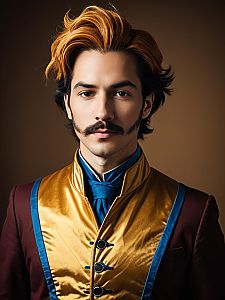 Realistic Photo of Man Cosplaying Nigel Uno with Distinctive Golden Vest and Blue Cravat
