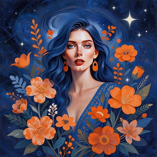 Digital Art of Woman with Blue Hair and Orange Flowers in Cosmic Fantasy Style