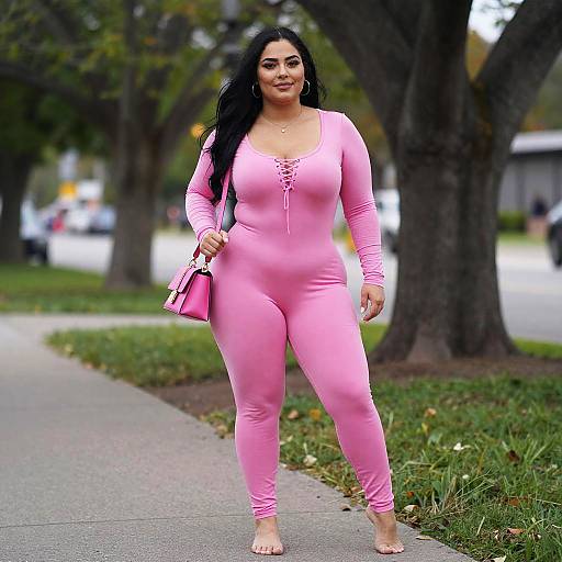 Confident Woman in Pink Jumpsuit Walking Barefoot Outdoors