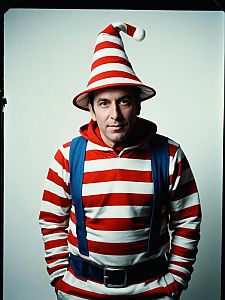 Photorealistic Studio Portrait of Man in Waldo Costume with Soft Lighting