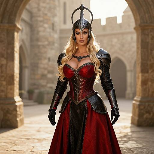 Medieval Woman Warrior in Red and Black Armor Dress in Castle