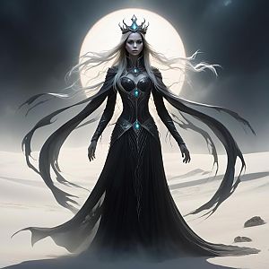Regal Woman in Black Gown with Blue Gems in Moonlit Landscape