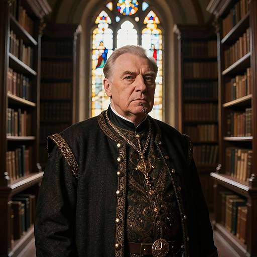 Elderly Man in Renaissance Clerical Robes in Historic Library
