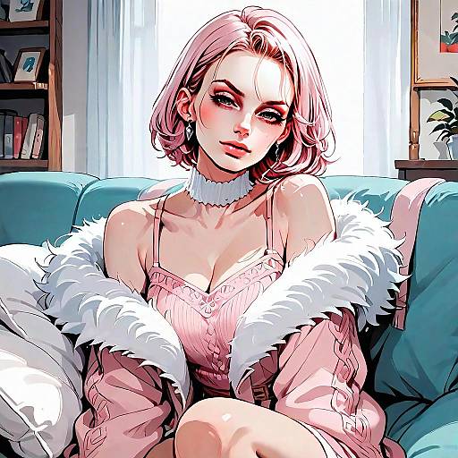 Anime-Style Pink-Haired Woman in Elegant Pink Outfit Relaxing on Teal Sofa