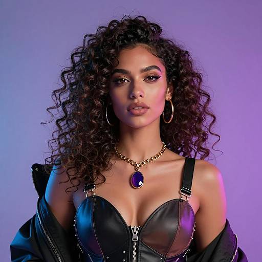 Stylish Young Woman in Edgy Black Leather Bustier with Gold Accessories