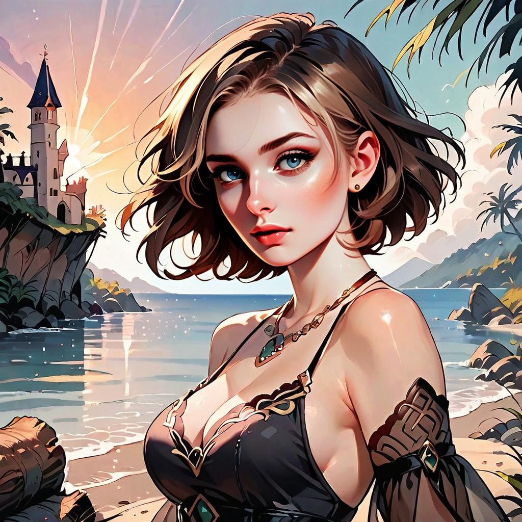 Anime Style Young Woman on Beach with Fantasy Castle Sunset Background