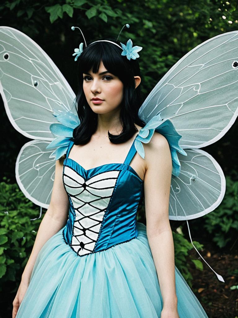 Woman in Matching Fairy Costume with Blue Wings and Tulle Dress